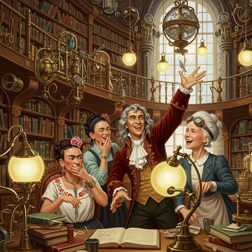 Historical Figures Play Charades in Steampunk Library