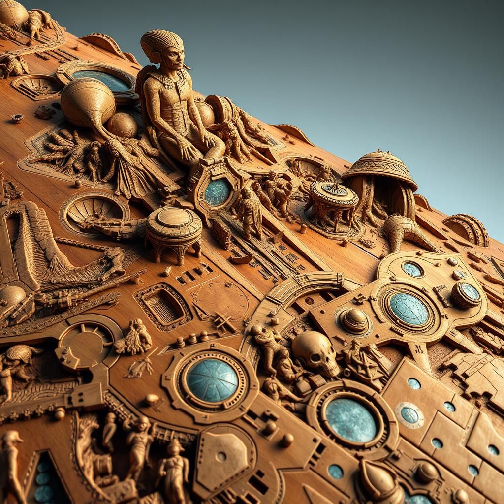 Alien Hero History Carved in Wood on Spaceship