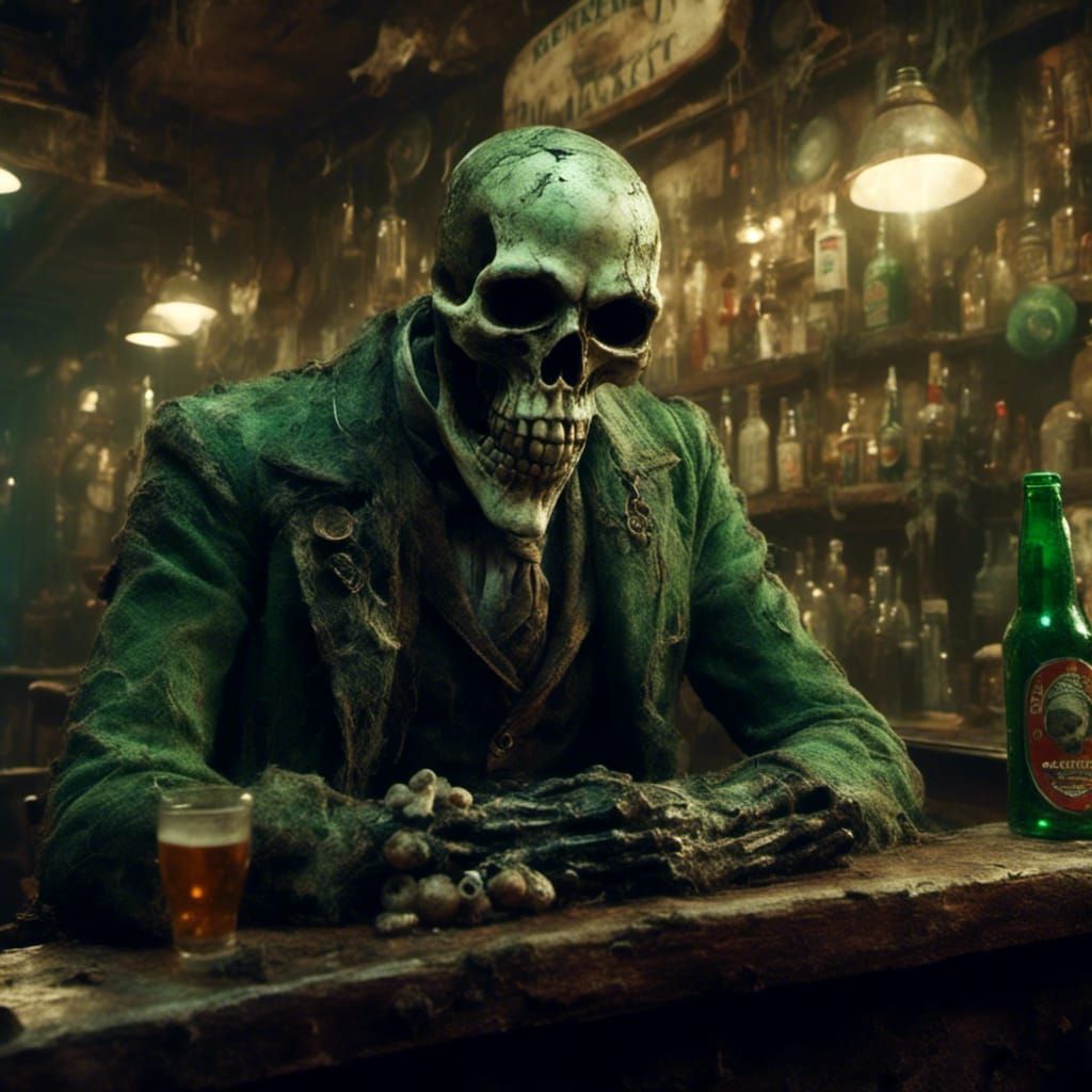 Macabre Figure Drinks at Dive Bar