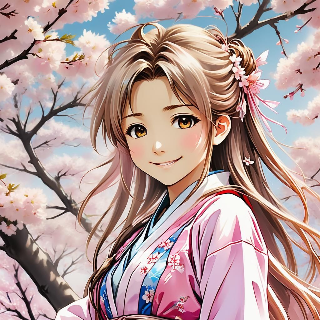 Belldandy Smiles Under Cherry Blossoms: Manga Illustration