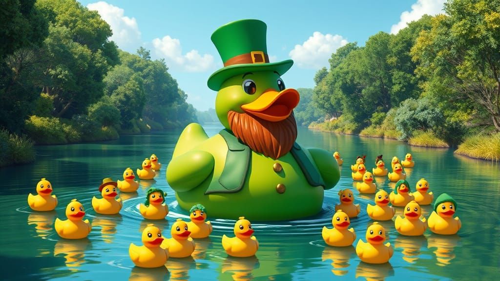 Whimsical Leprechaun Rubber Duck Soars Down Emerald River