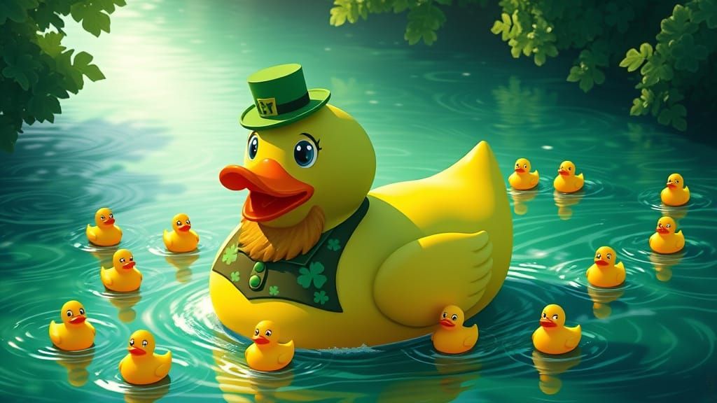 Vibrant Green Rubber Duck Floats Down Emerald River in Whims...
