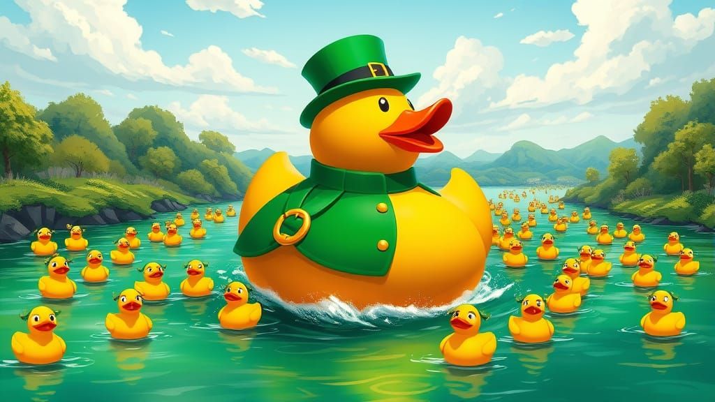 Whimsical Rubber Duck River Race in a Saint Patrick's Day Wo...