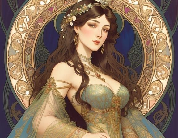 Art Nouveau Woman in Floral Frame Oil Painting