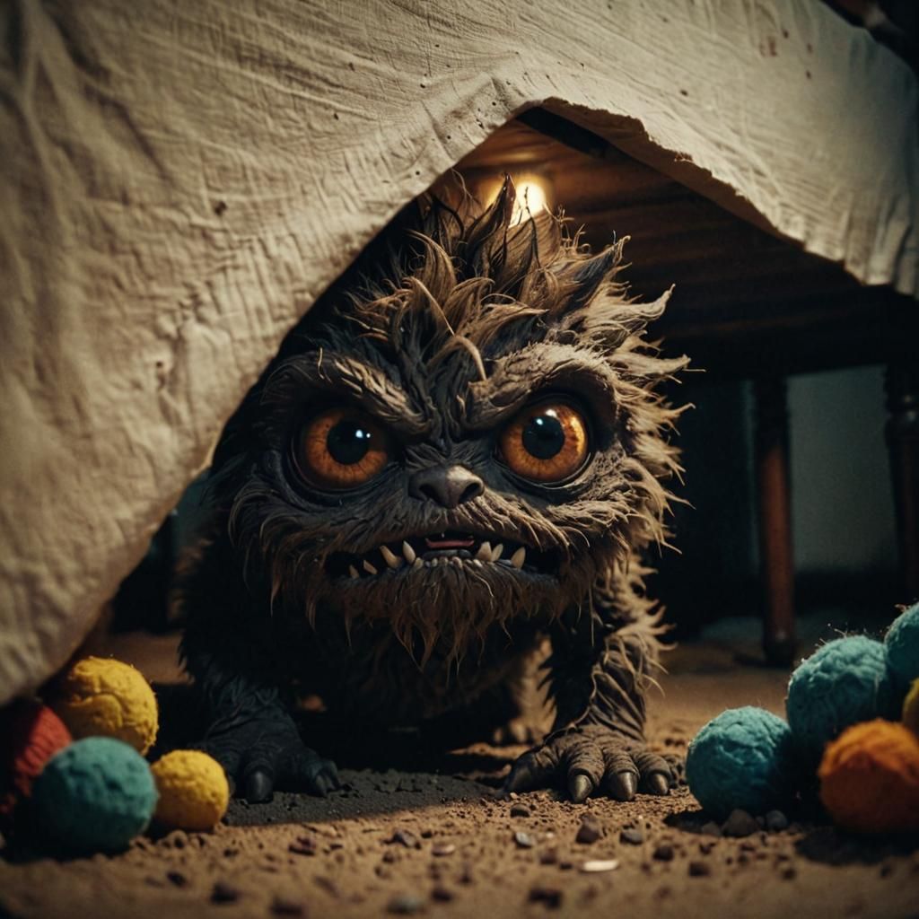 Cuddly Monster Peeking from Under Bed