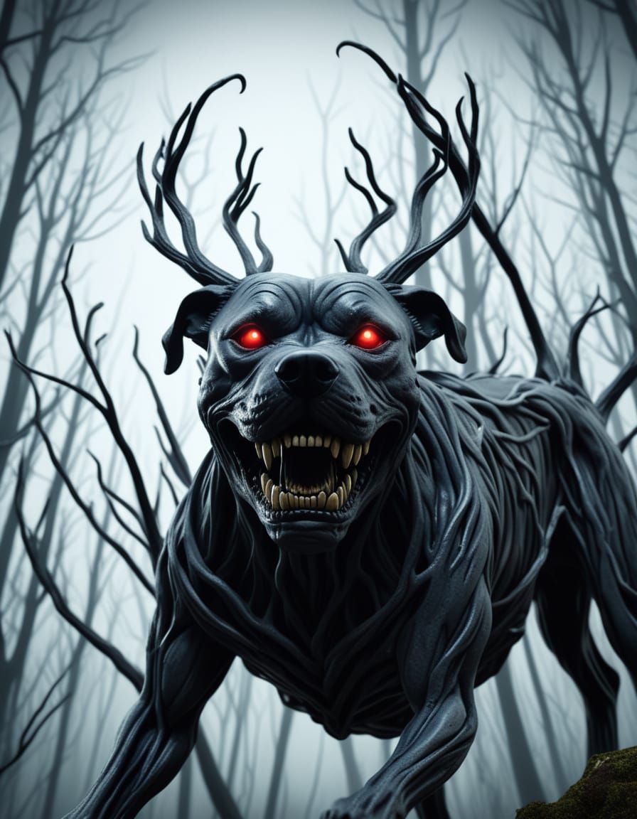 Demonic Staffy Sculpture in Haunted Forest