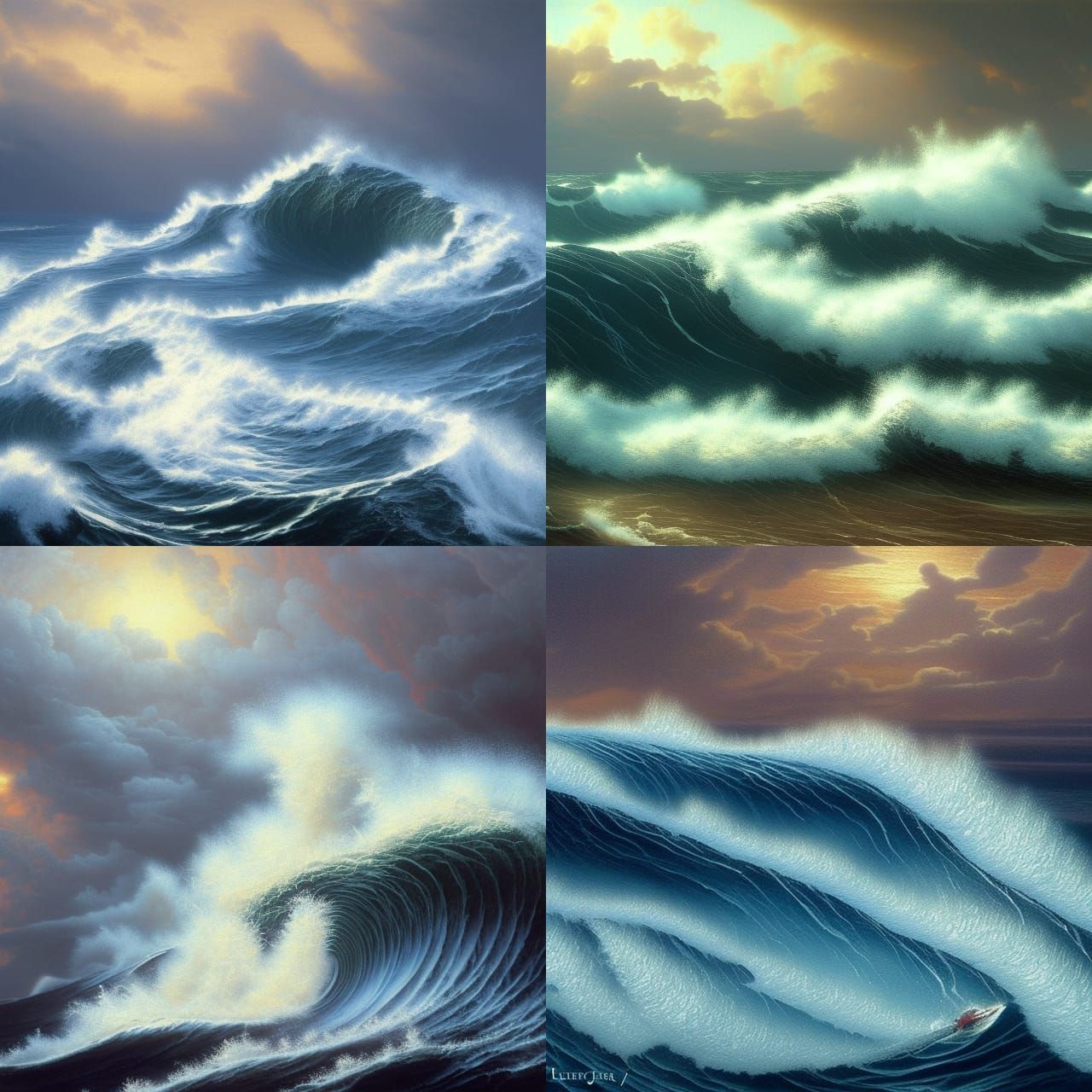 Red North Pacific Ocean Waves: Oil Painting