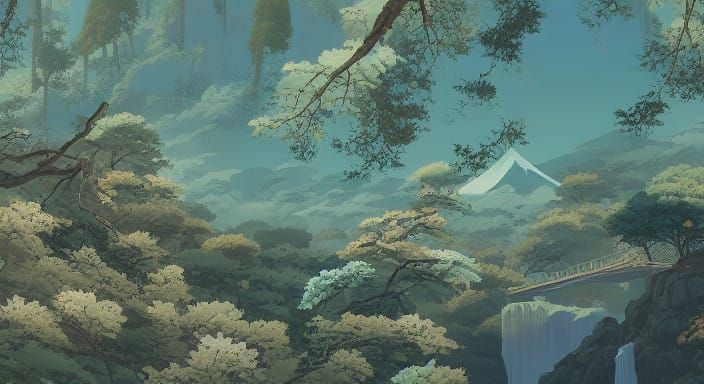 Surreal Landscape in Cel-Shaded Style with Traditional Japan...