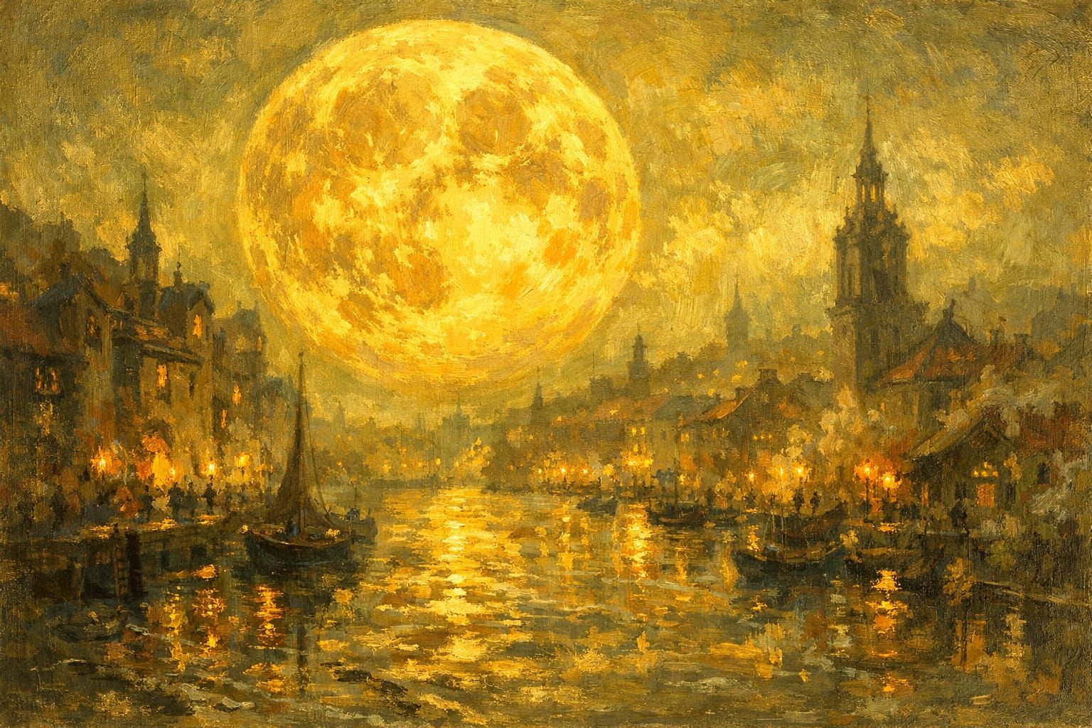 Enchanting Impressionist Moon Over European Harbor