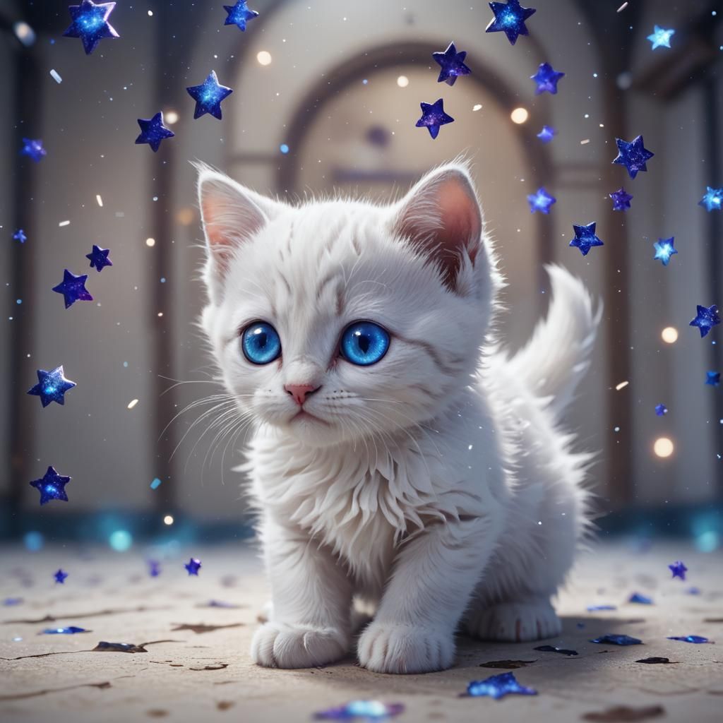 Kitten with Galaxy Eyes in Starry Room