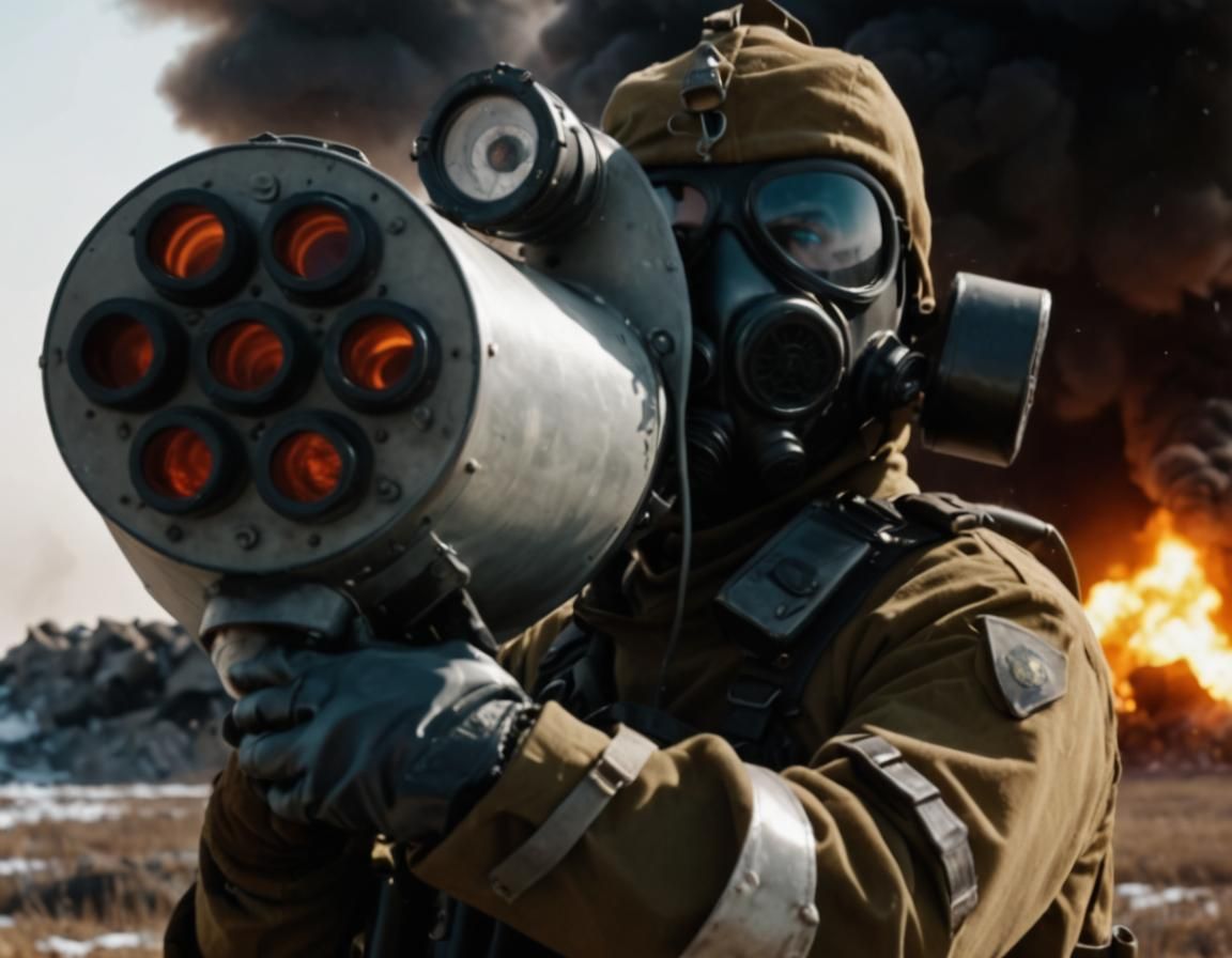Soldier in Gas Mask Amidst Nuclear Explosion