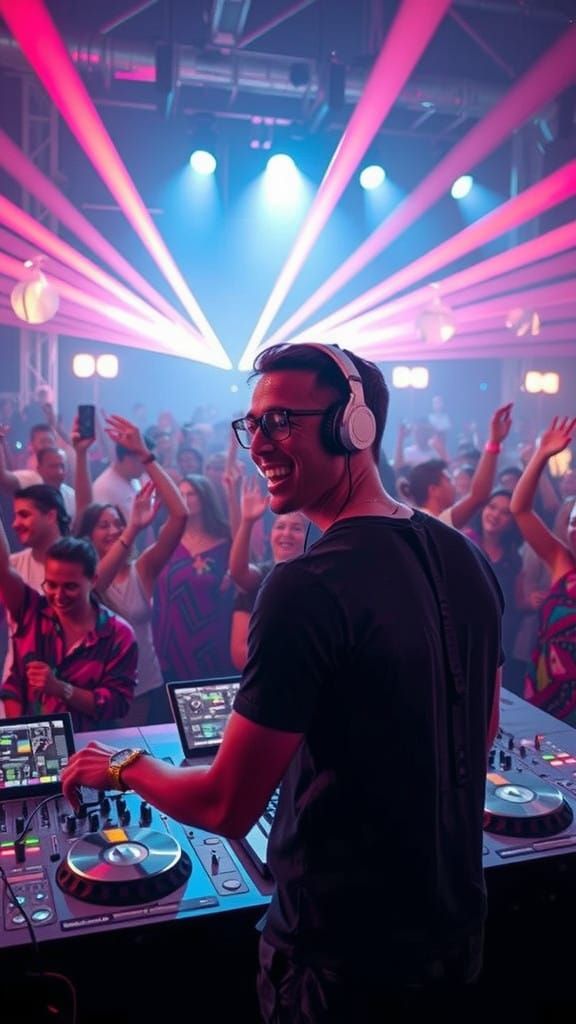 Sleek DJ Spinning Tracks in a Vibrant Electronic Dance Party