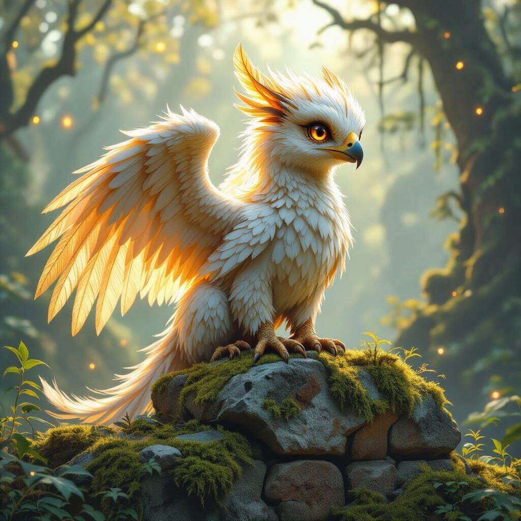 Golden Griffin Perched on Ancient Ruins