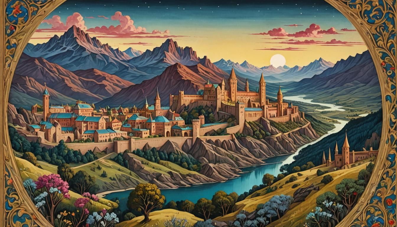 Illuminated Manuscript Landscape with Mountains and Sunset