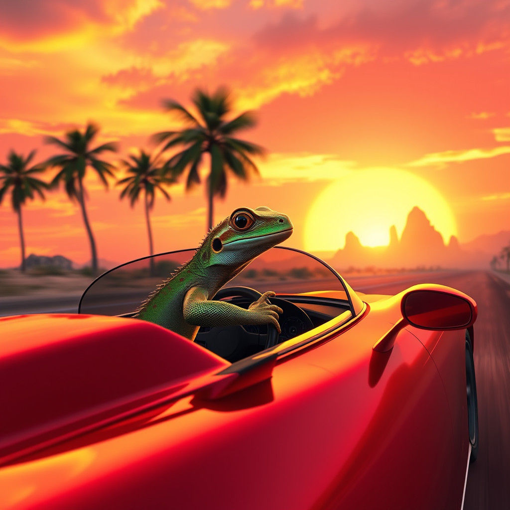 Lizard Drives Sports Car Into Sunset: Digital Matte Painting