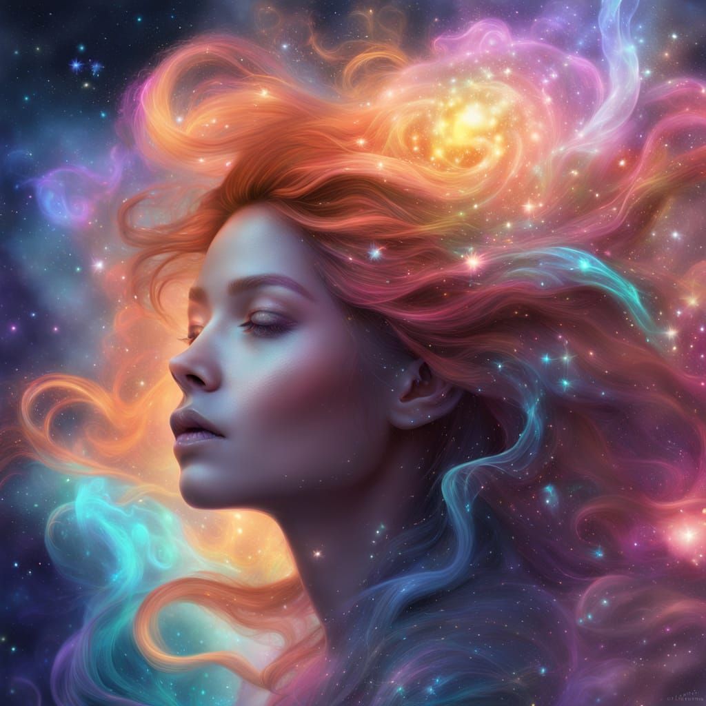 Cosmic Woman with Stardust Hair in Nebula