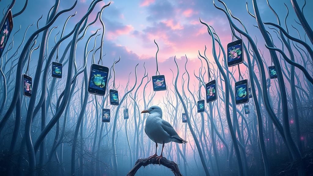 Surreal Metallic Forest with Seagull, Mystical Realm