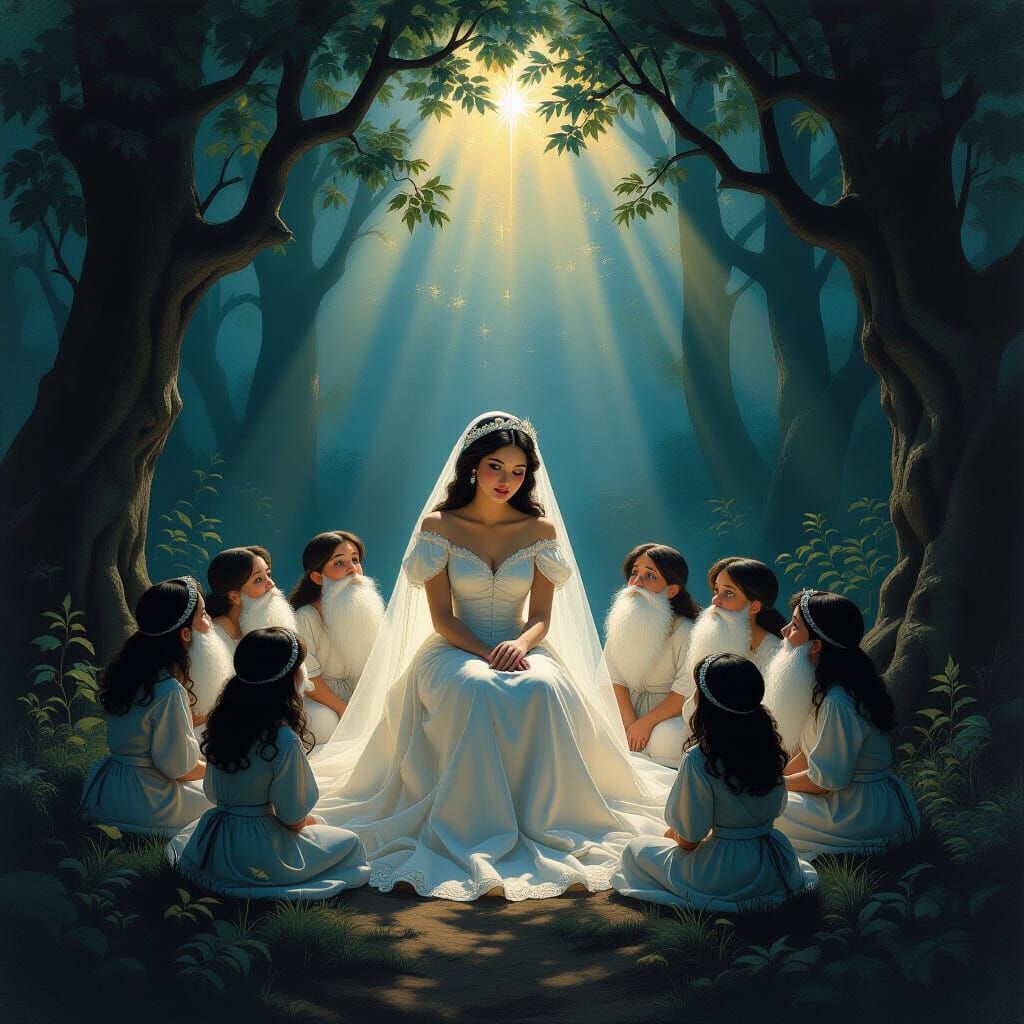 Snow White's Funeral: Crystal Coffin Mourned by Seven Dwarfs