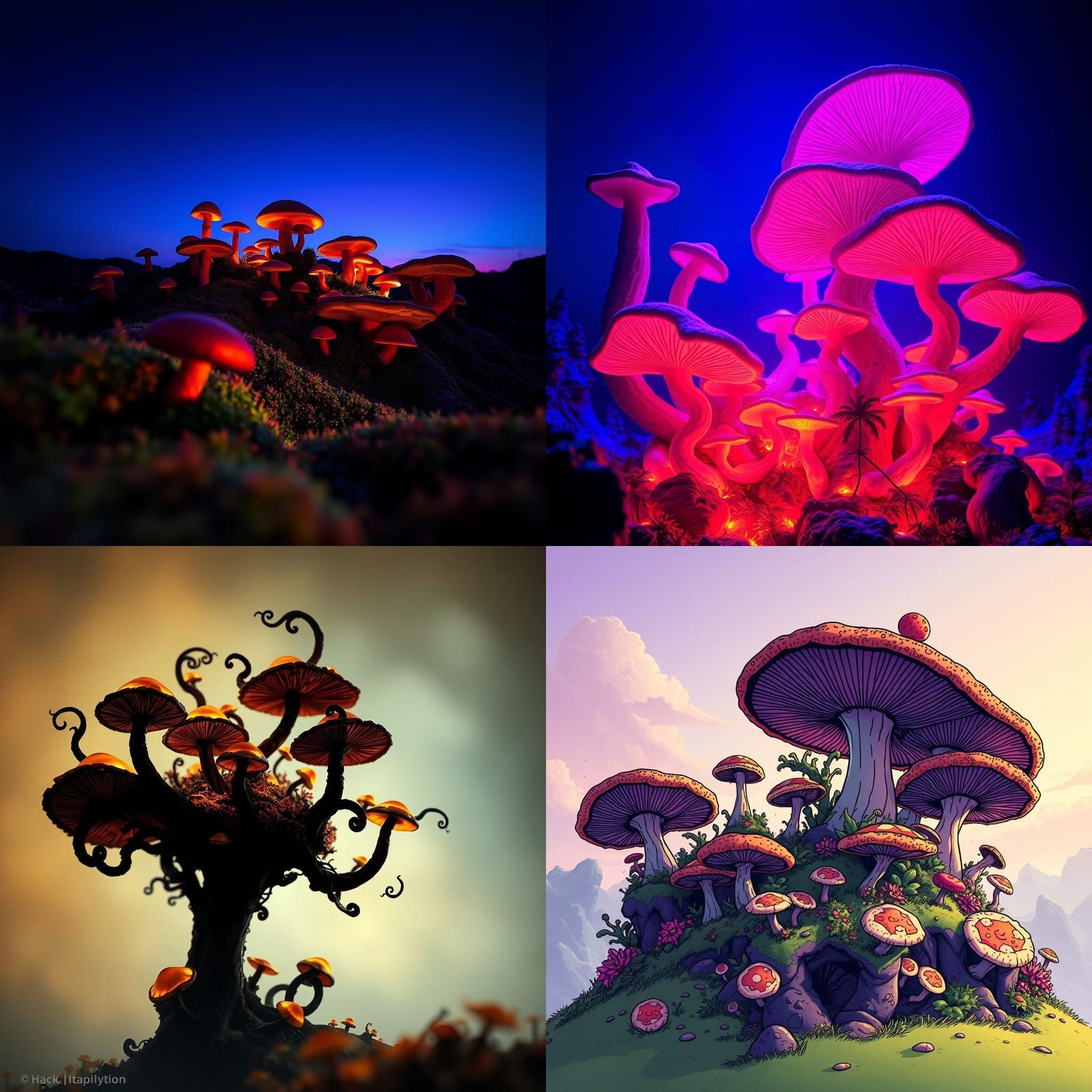 Trippy Mushroom Island Black Outline Portrait