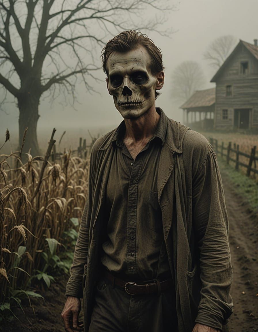 Ethereal Stranger Emerges from Misty Farm