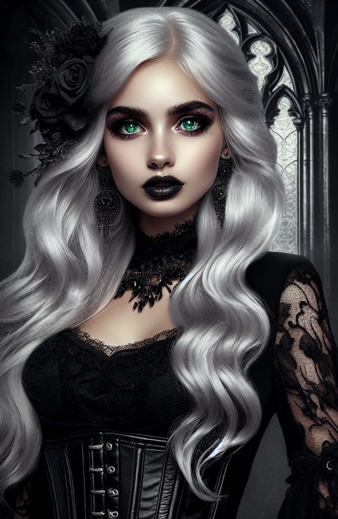 Gothic Woman with Silver Hair and Green Eyes
