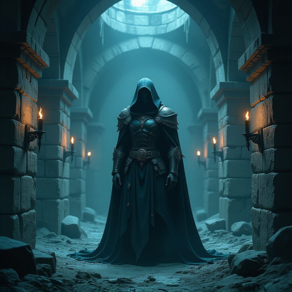 Ominous Figure in Dark Dungeon: Biomechanical Horror