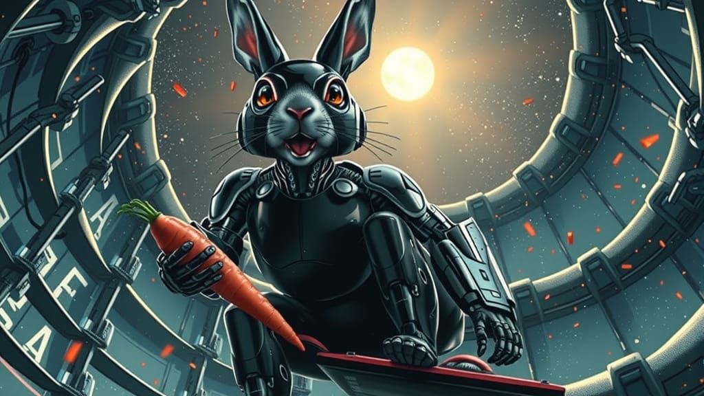 Cyborg Rabbit Rides Waterslide in Futuristic Art Style