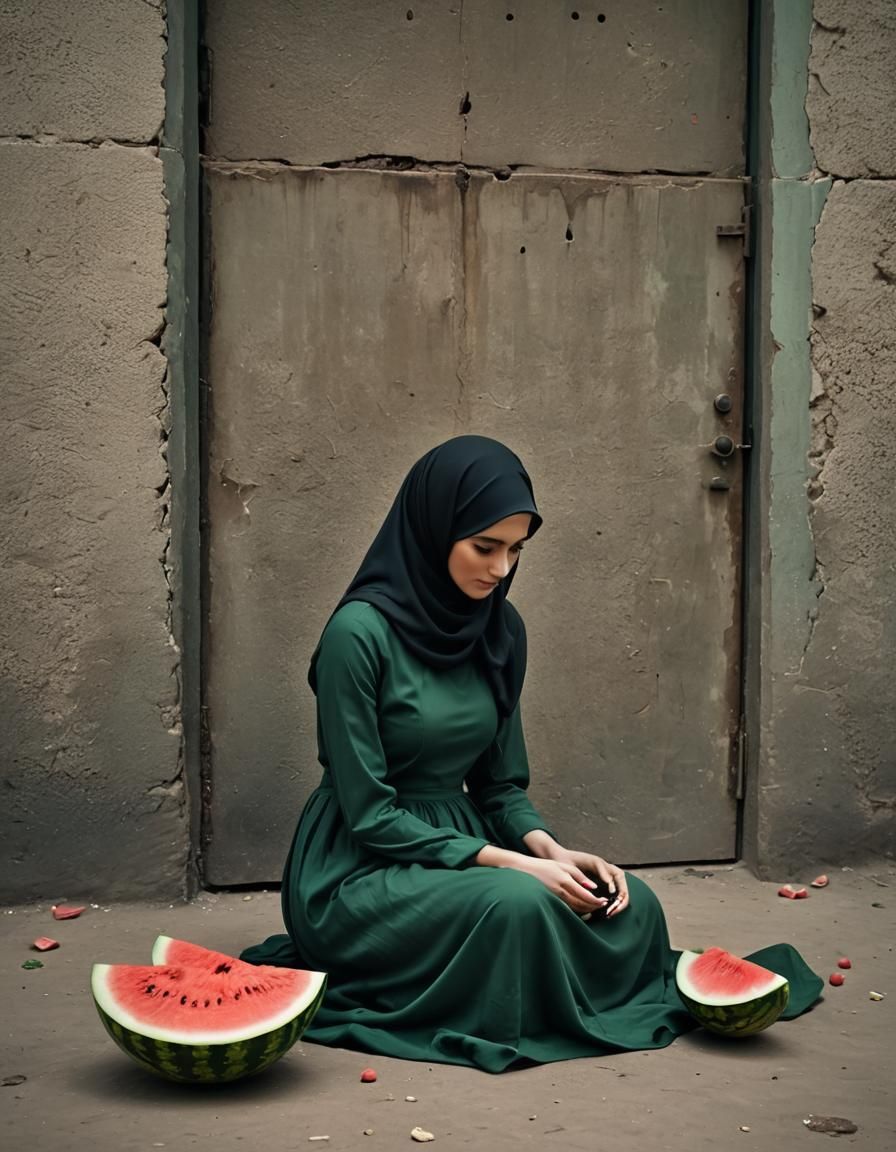 Woman in Hijab Observes Broken Watermelon
