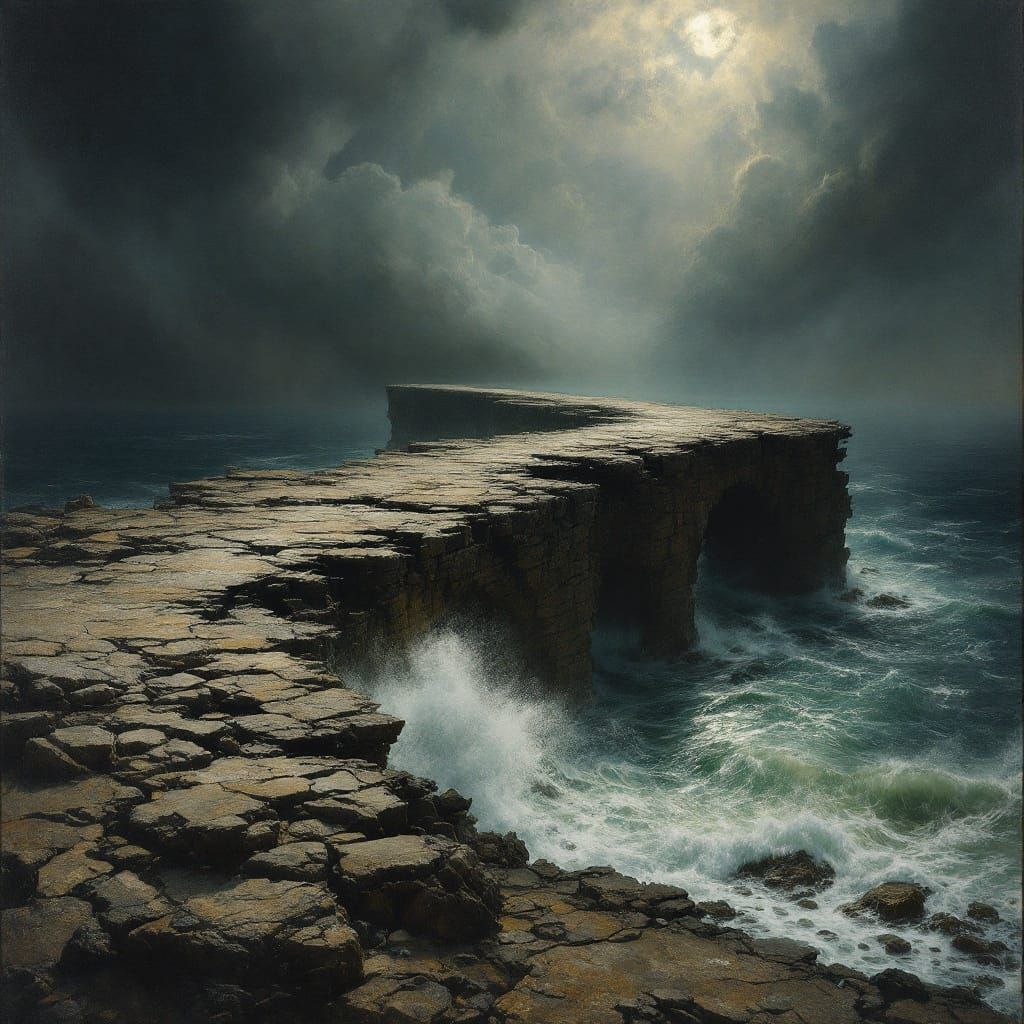 Ancient Stone Bridge Shattered Across Turbulent Ocean