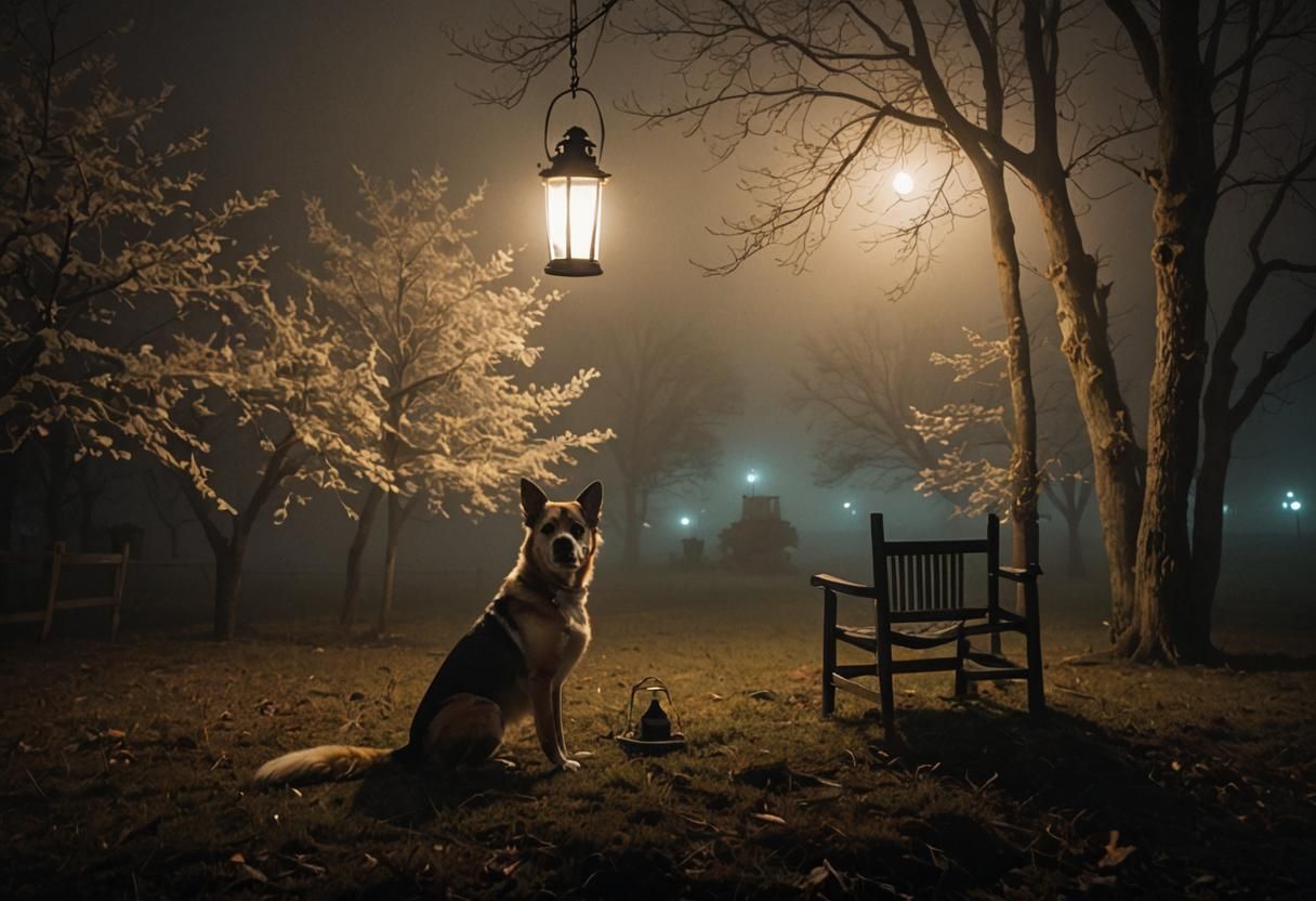 Dog in Foggy Night with Lantern