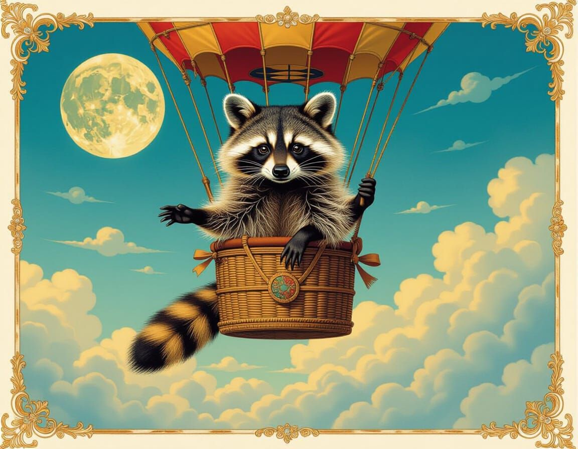 Pre-Raphaelite Raccoon in Balloon Over Moon