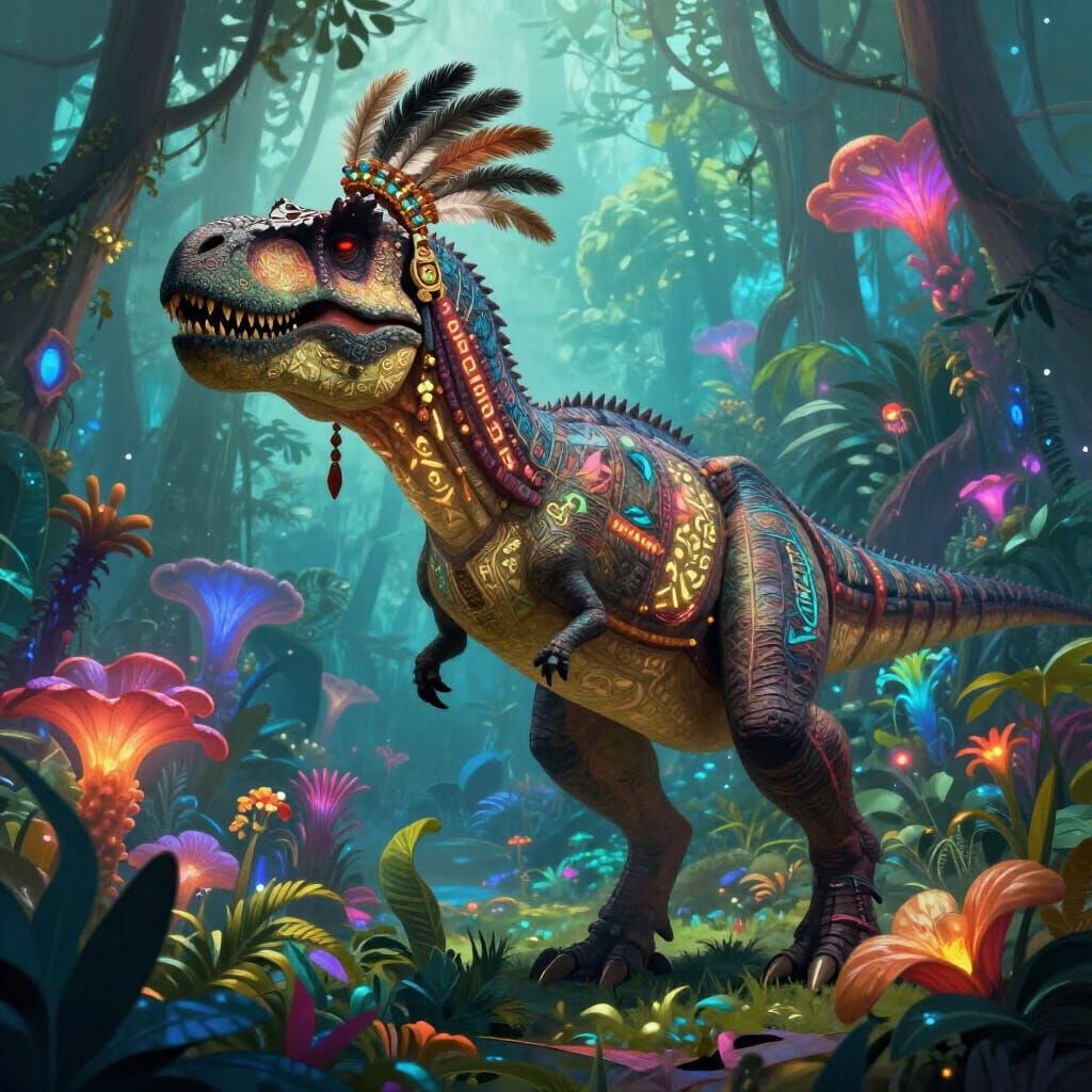Majestic T-Rex with Glowing Runes in Bioluminescent Jungle