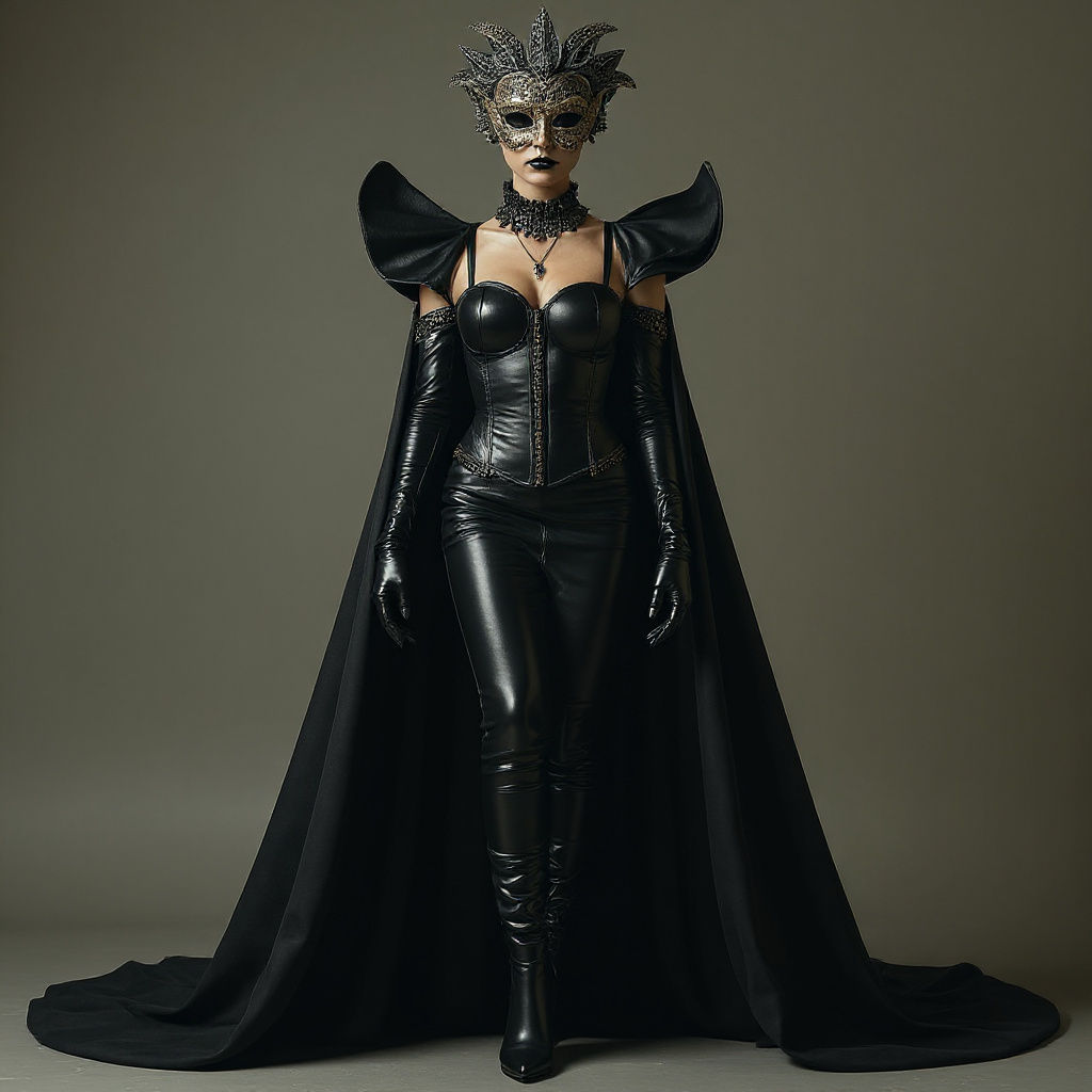 Queen in Black Latex Gown and Venetian Mask