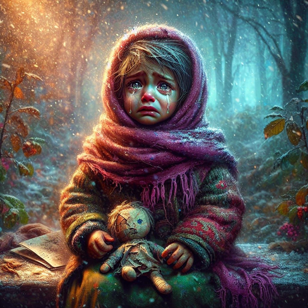 Sad Toddler Crying in Snowy Forest Park