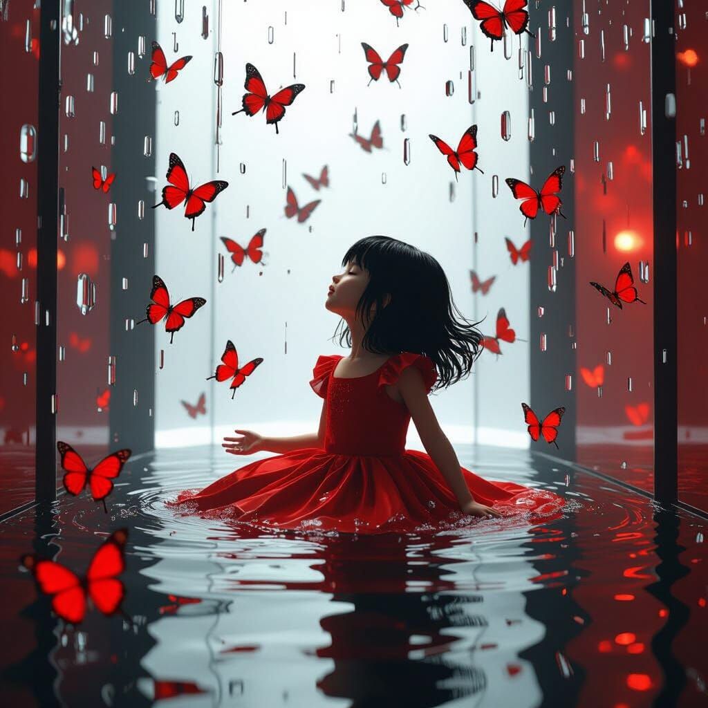 Dreaming Girl with Butterflies in Glass Room