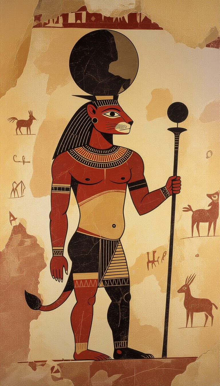 Ancient Cave Art: Feline-Headed Humanoid with Orb