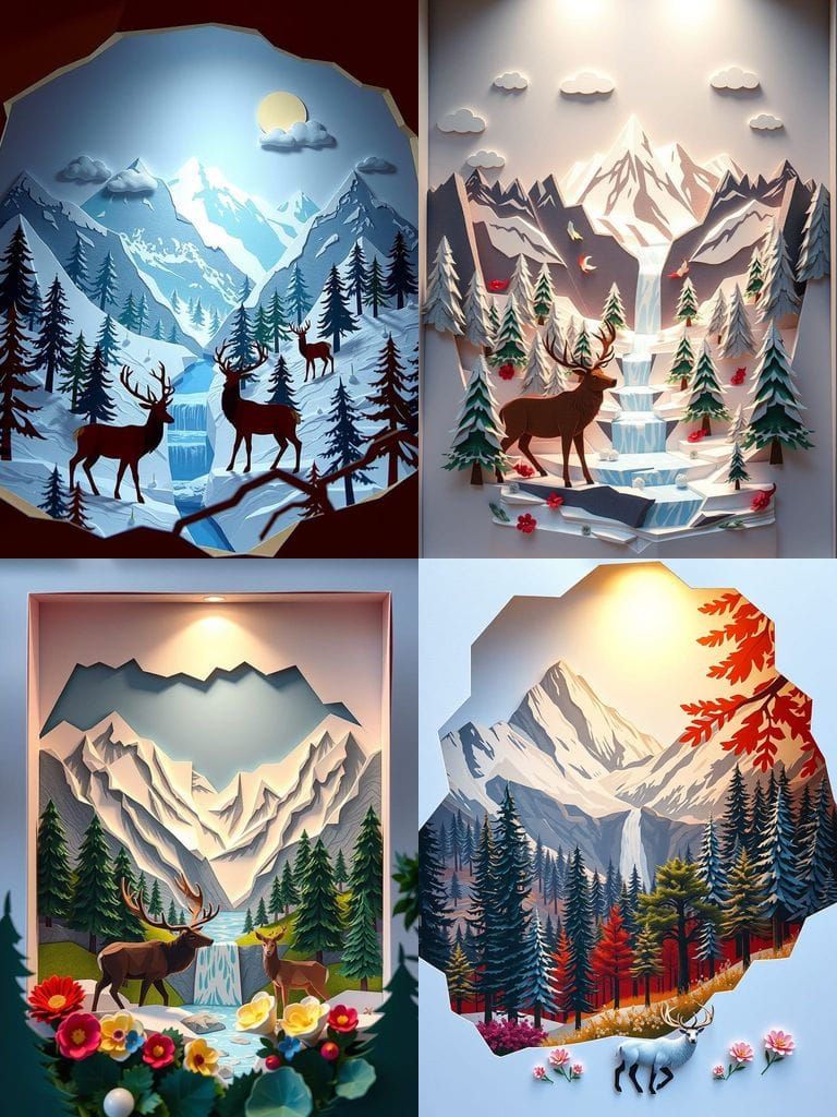 Papercraft Shadowbox of Snowy Mountain Landscape