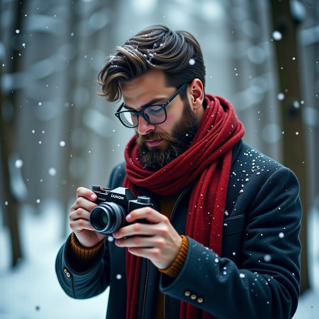 Man in Snowy Forest with Vintage Camera