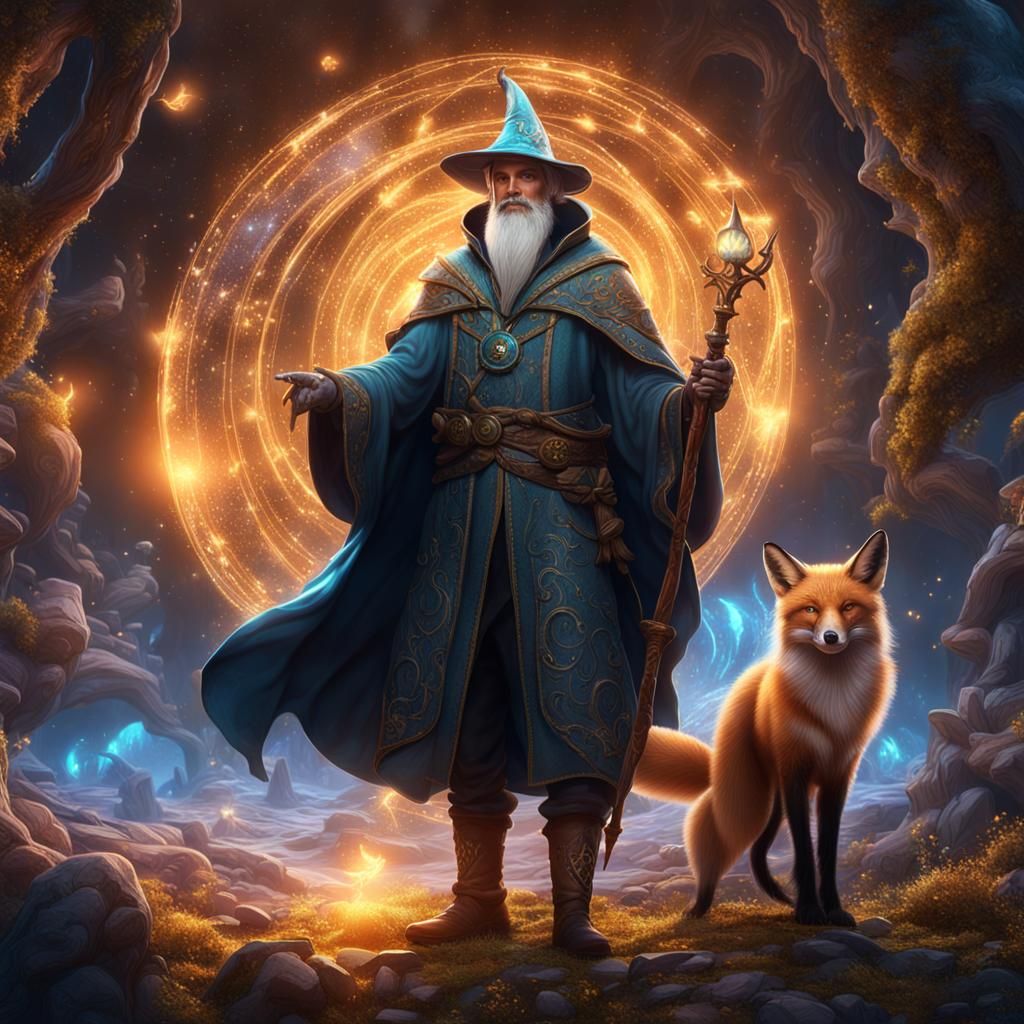 Wizard and Fox Familiar in Detailed Fantasy Art