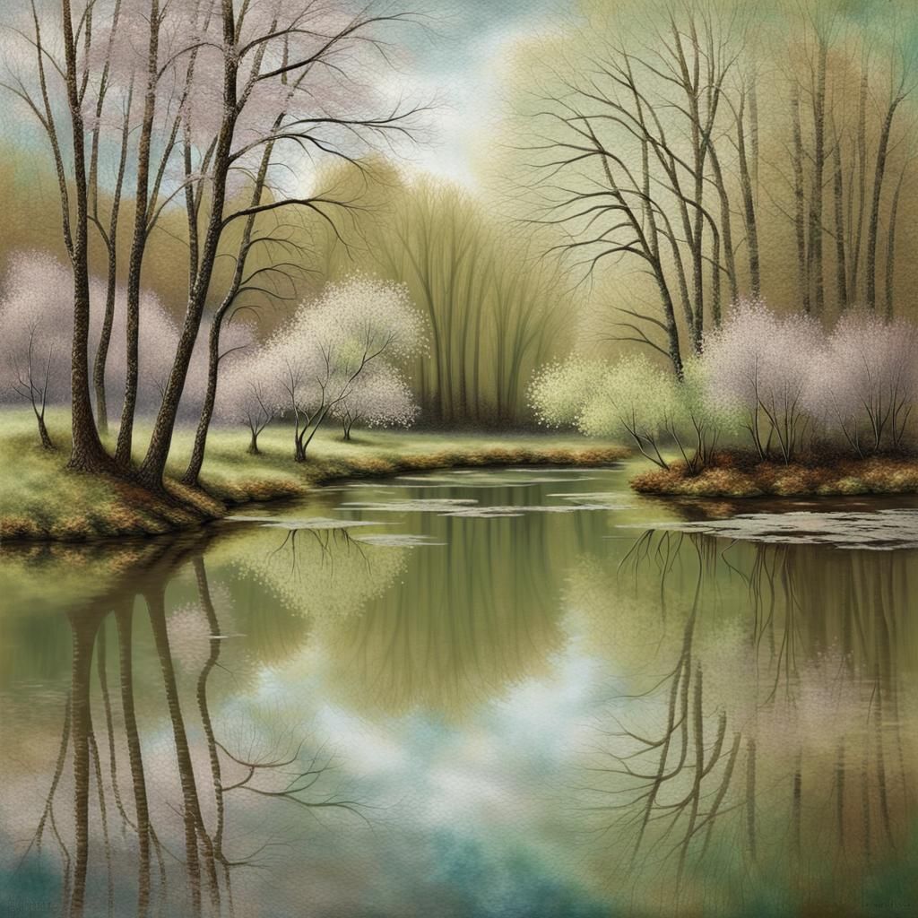 Silver Pond: Spring Scene in Painterly Style