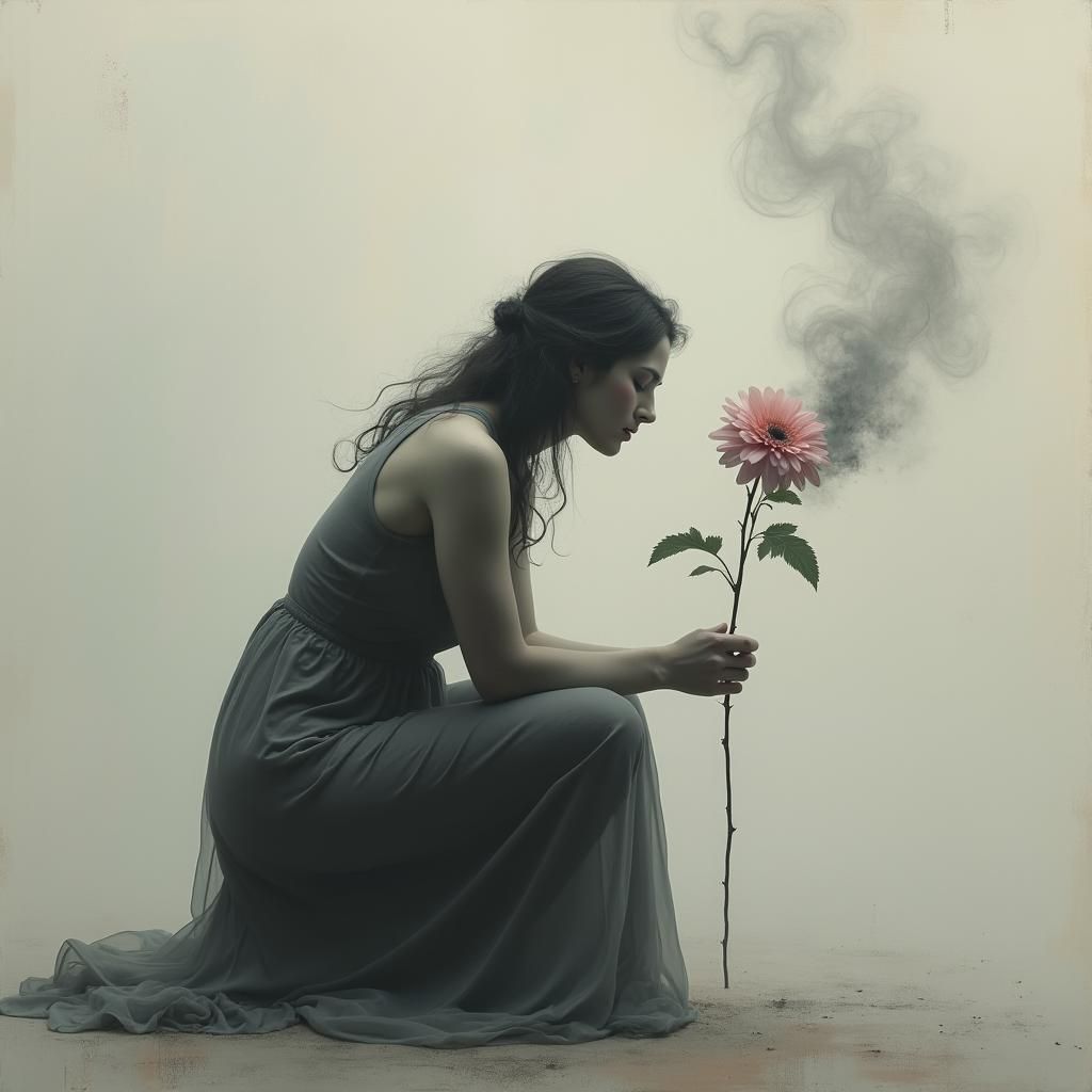 Melancholy Woman with Flower in Impressionist Style