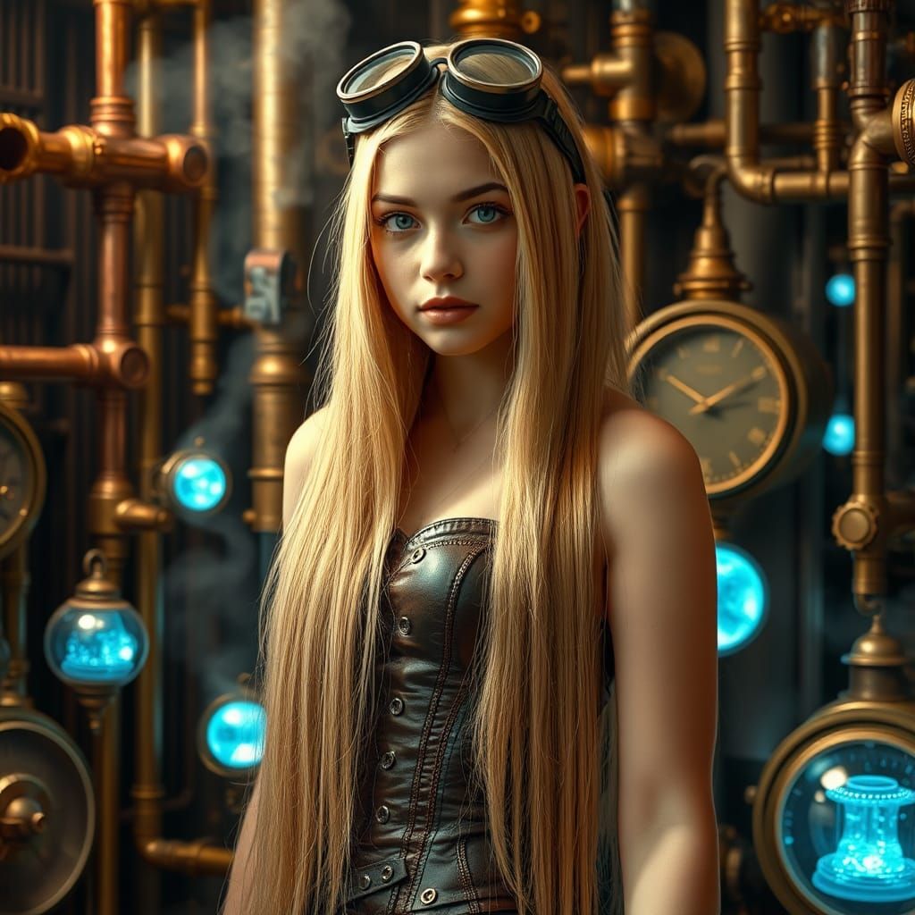 Steampunk Woman with Clockwork and Glowing Orbs