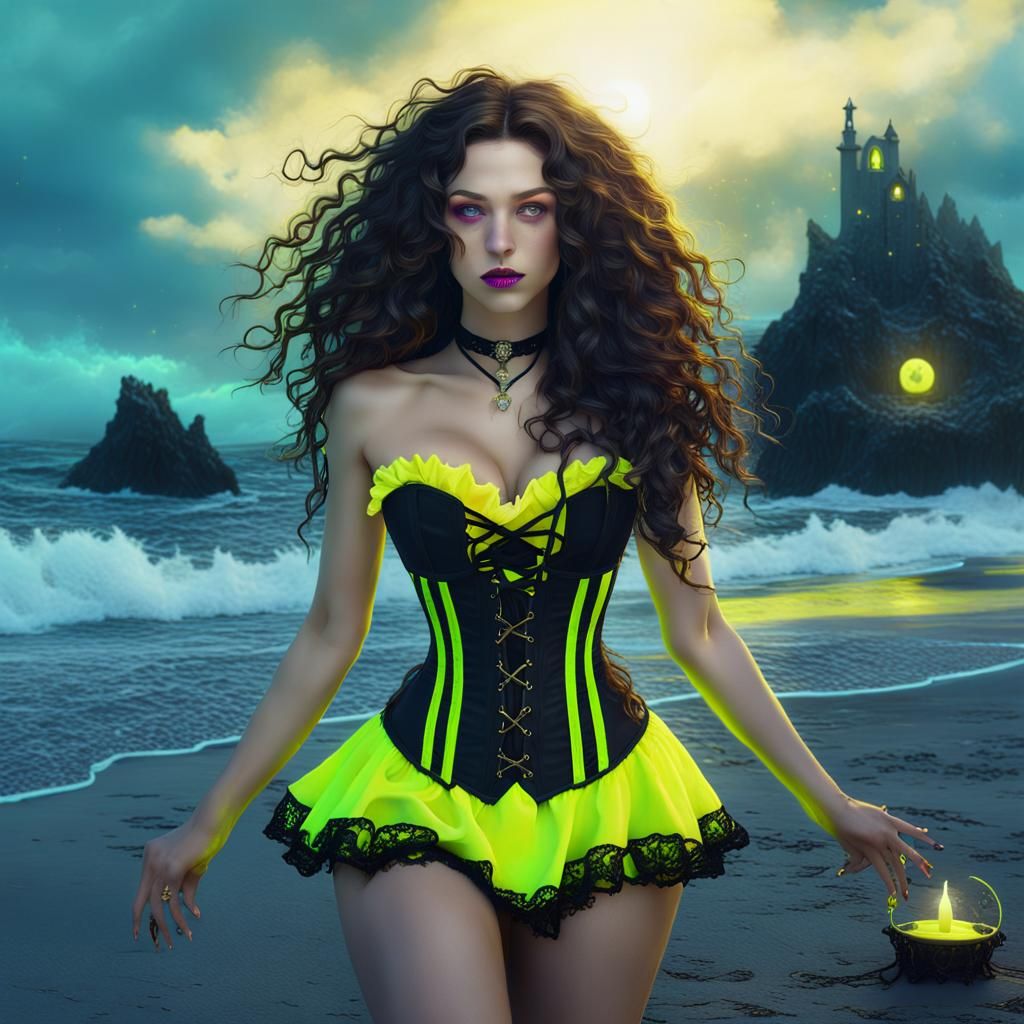 Summer Witch Casting Spell on Beach, Detailed Fantasy Art