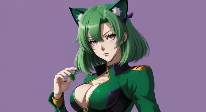 Cat Girl with Green Hair in Zeon Gundam Style