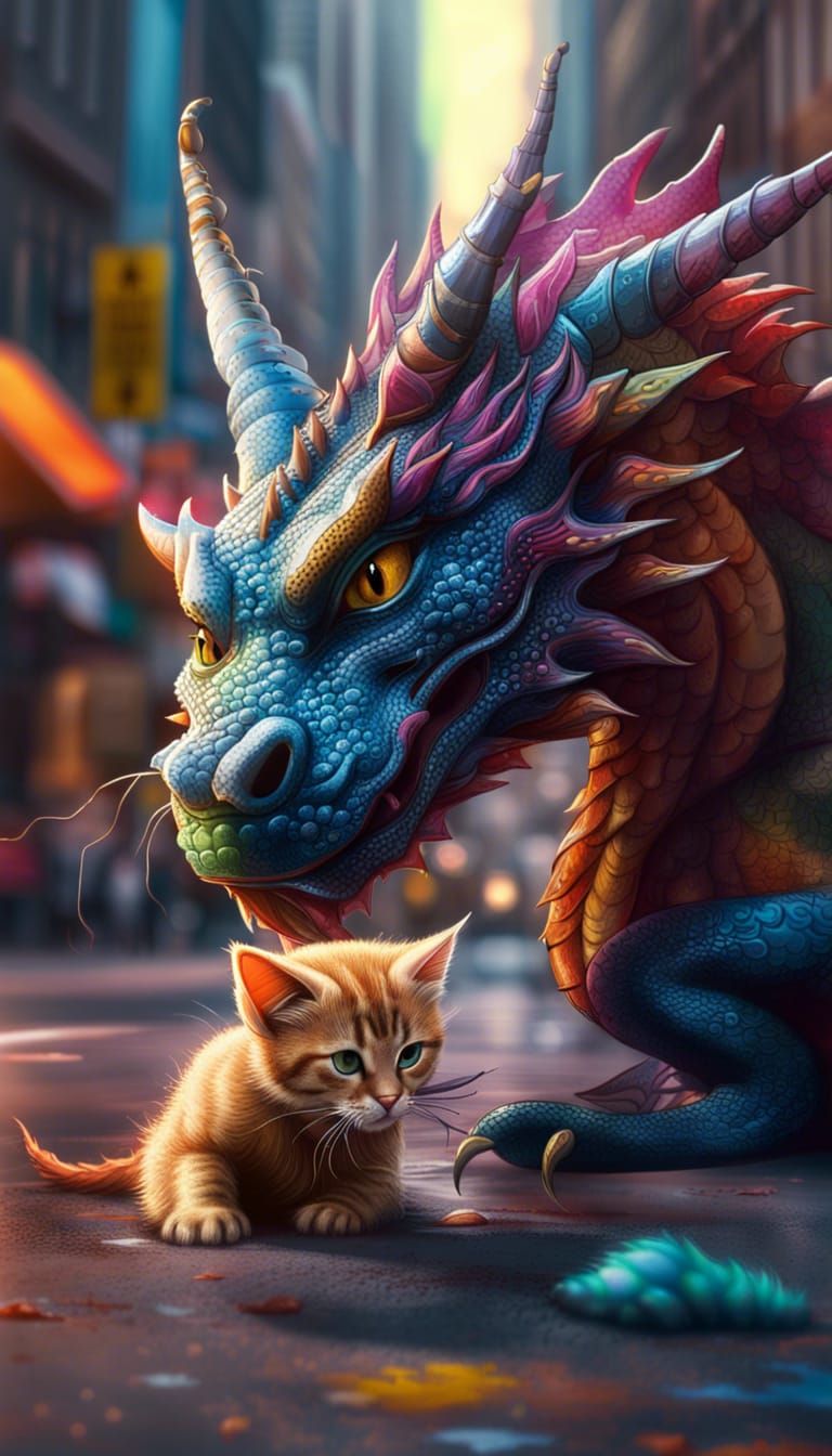Dragon and a kitten on city street 2