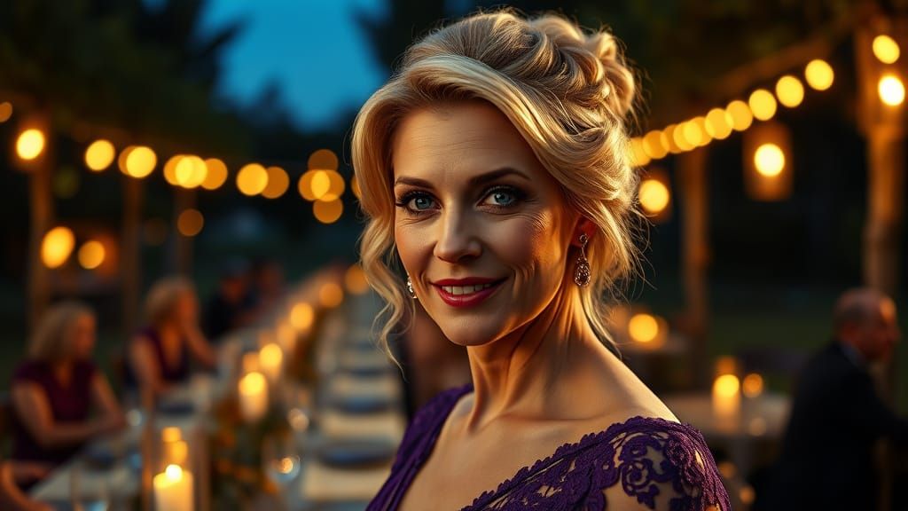 Elegant Woman at Nighttime Vineyard Party