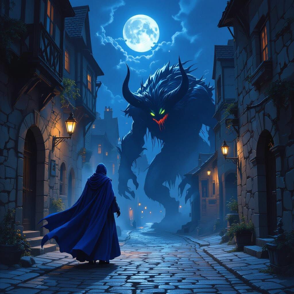 Blue Mage Hunts Monster in Dark Street