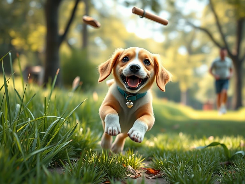 Hyperrealistic Beagle Puppy Chasing a Stick in a Vibrant Par...