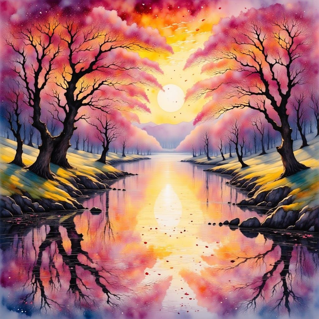 Italian Lake Sunset with Cherry Blossoms