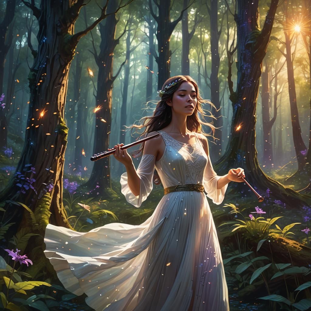 Girl Playing Flute in Magical Forest, Art Nouveau